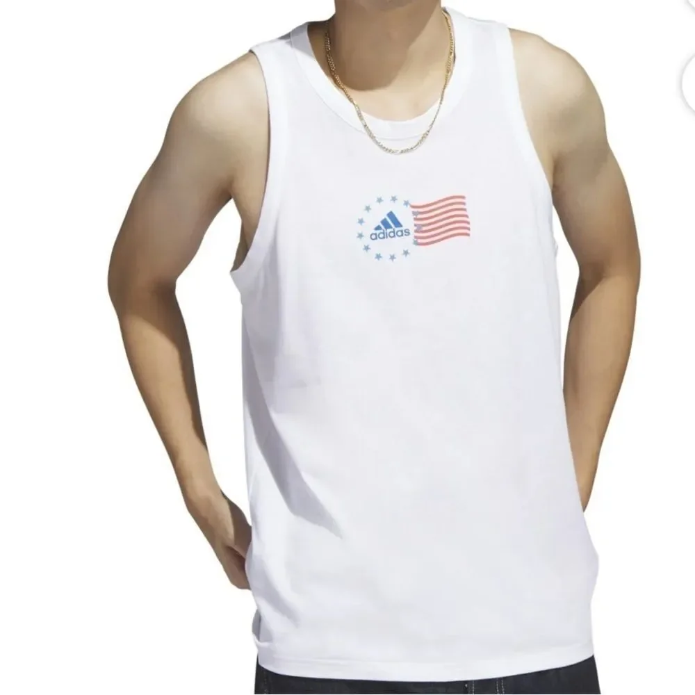Adidas Men Sleeveless Tank Top Shirt American Flag Graphic White